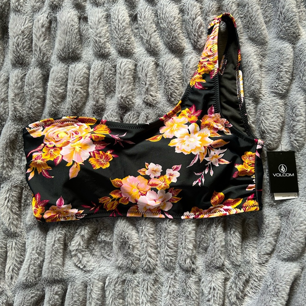 NWT Volcom Black Floral One-Shoulder Bikini Top - Yellow Pink